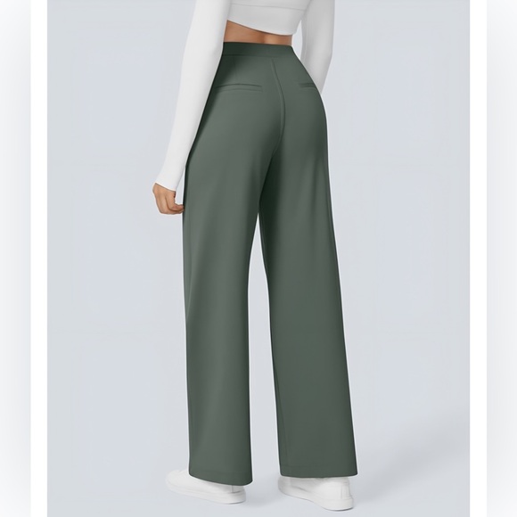 Daystretch High Waisted Pocket Straight Leg Work Pants Size M Petite Green - Picture 2 of 5